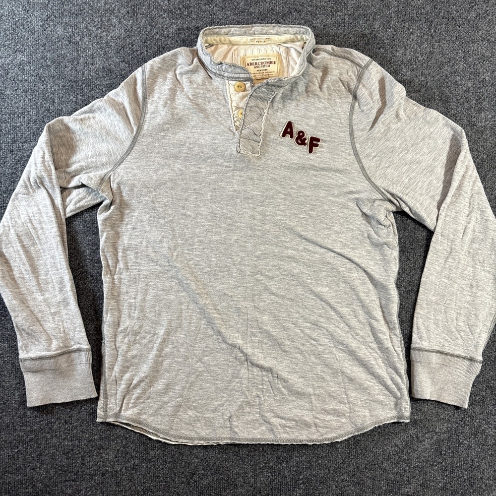 Vintage Abercrombie & Fitch Henley Shirt Mens Gray Muscle Y2K Long Sleeve